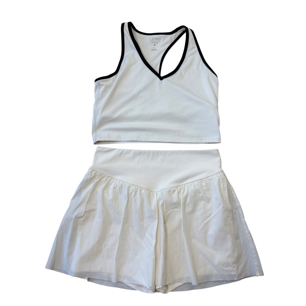 Z SUPPLY Sports Bra and Skort Set White Black Trim Pickleball Tennis Size Large